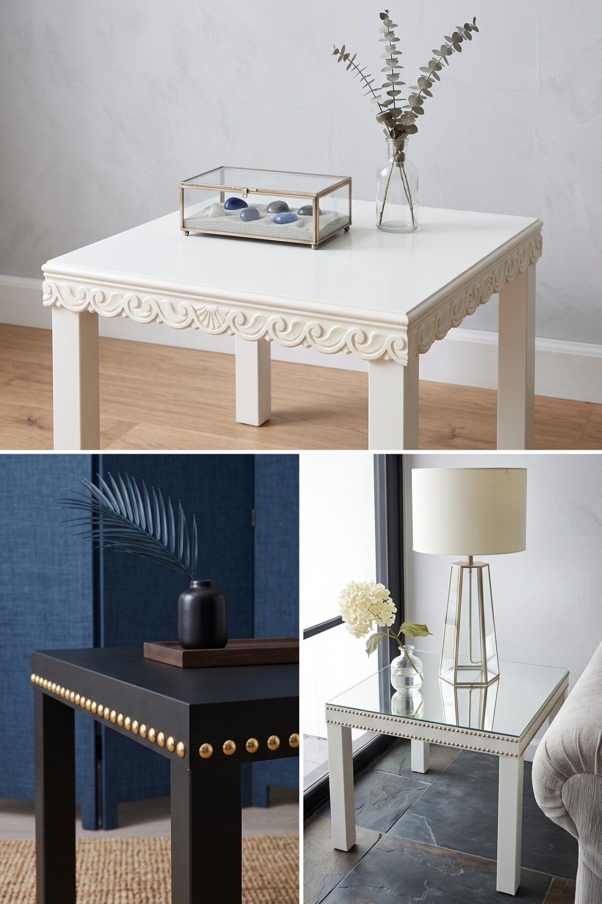Trois idées pour relooker une table basse IKEA avec moulures, clous et miroir