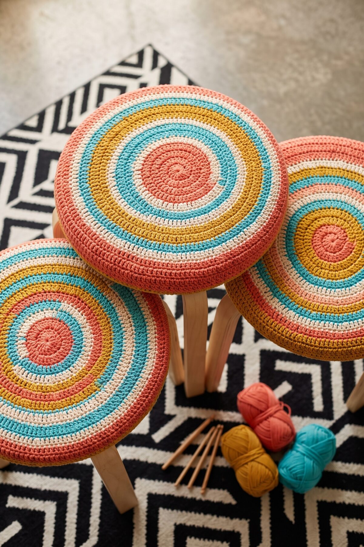 Trois tabourets Frosta IKEA avec des assises rondes crochetées colorées