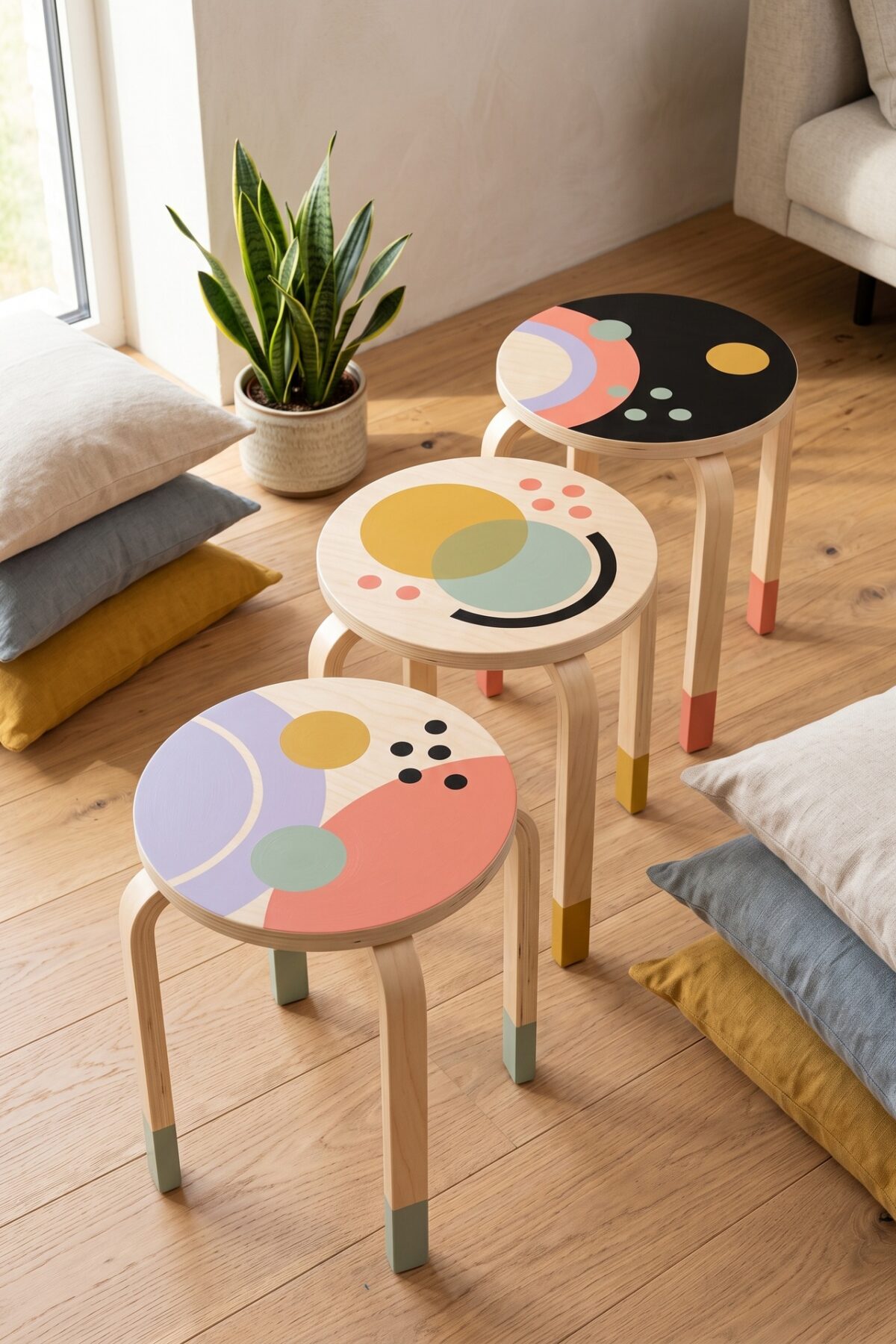 Trois tabourets Frosta IKEA peints avec des motifs abstraits colorés