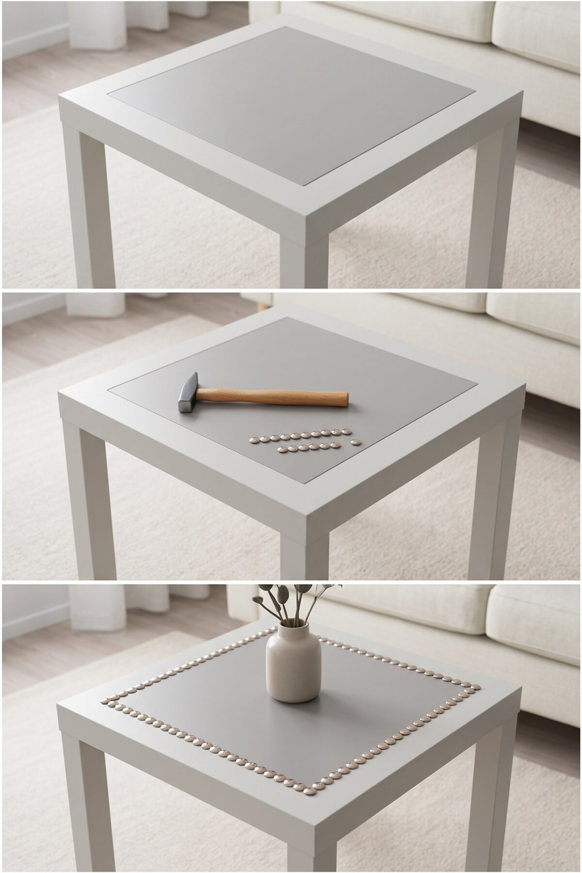 Tutoriel en trois étapes pour customiser une table basse IKEA avec clous de tapissier et plateau décoré