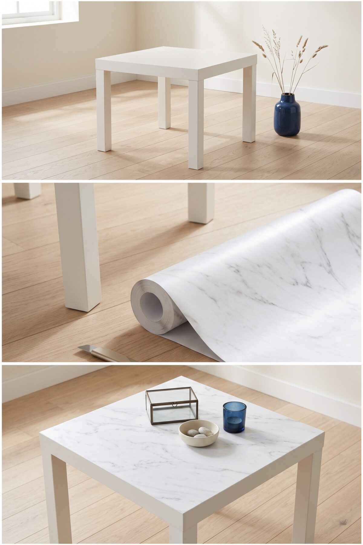 Tutoriel pour recouvrir une table basse IKEA d’un revêtement effet marbre