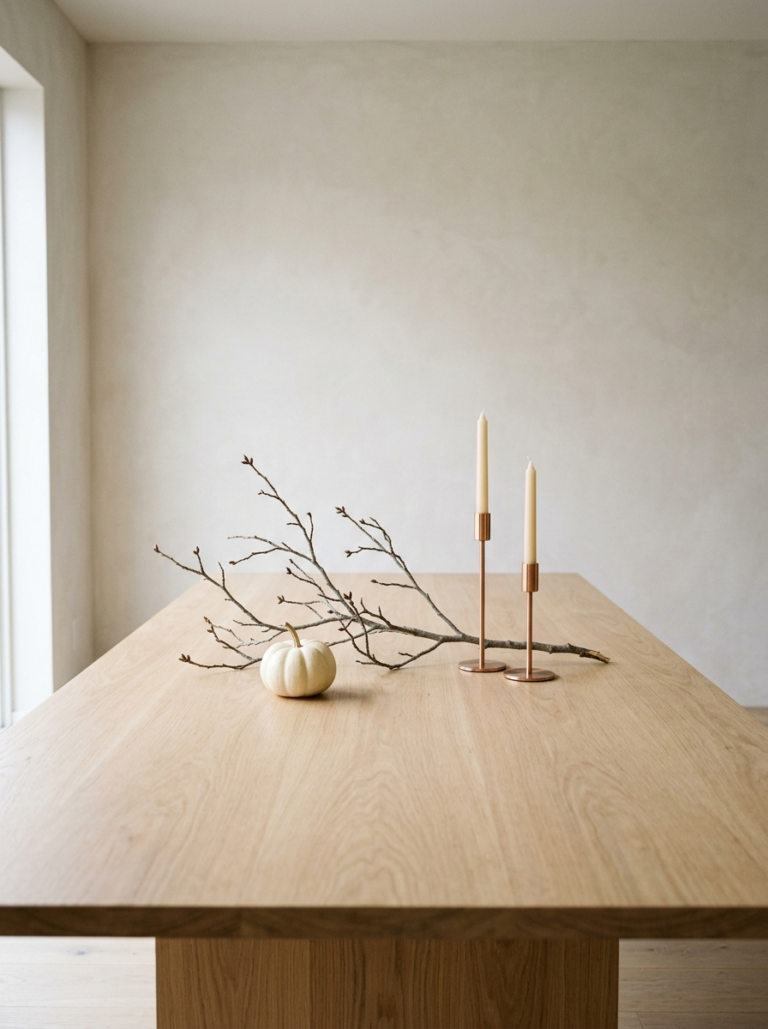 Un centre de table d'automne minimaliste avec une branche, une petite courge et des bougeoirs métalliques sur une table en bois clair.