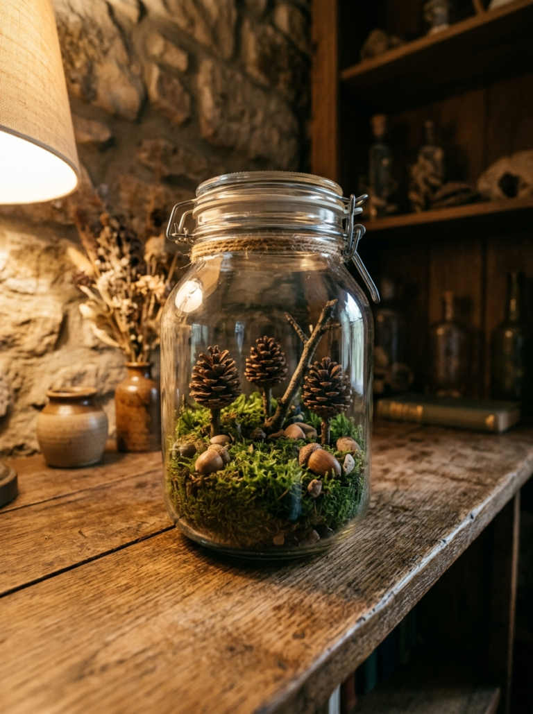 Un grand bocal en verre contenant une scène de forêt miniature avec de la mousse et des pommes de pin, créant une décoration de forêt enchantée.