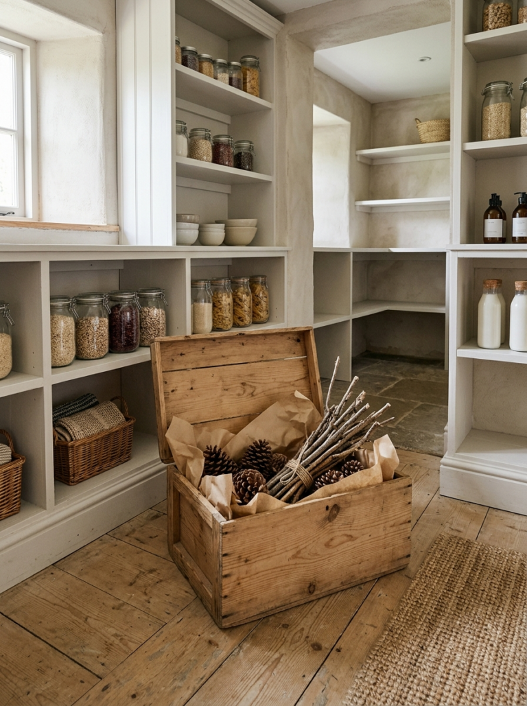 Une caisse en bois ouverte contenant des décorations d'automne, comme des pommes de pin, soigneusement rangées dans du papier de soie pour la conservation.