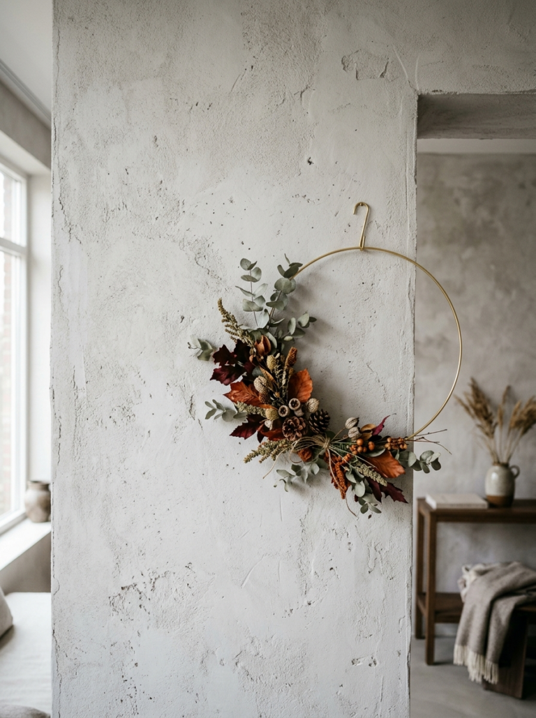 Une couronne d'automne asymétrique et moderne avec des feuilles séchées sur un cerceau en métal, accrochée à un mur texturé.