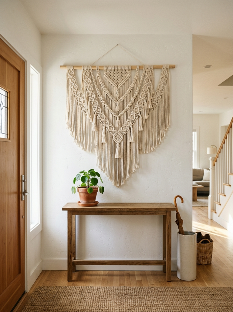 Une grande tenture murale en macramé est intégrée harmonieusement au-dessus d'une console en bois dans une entrée.