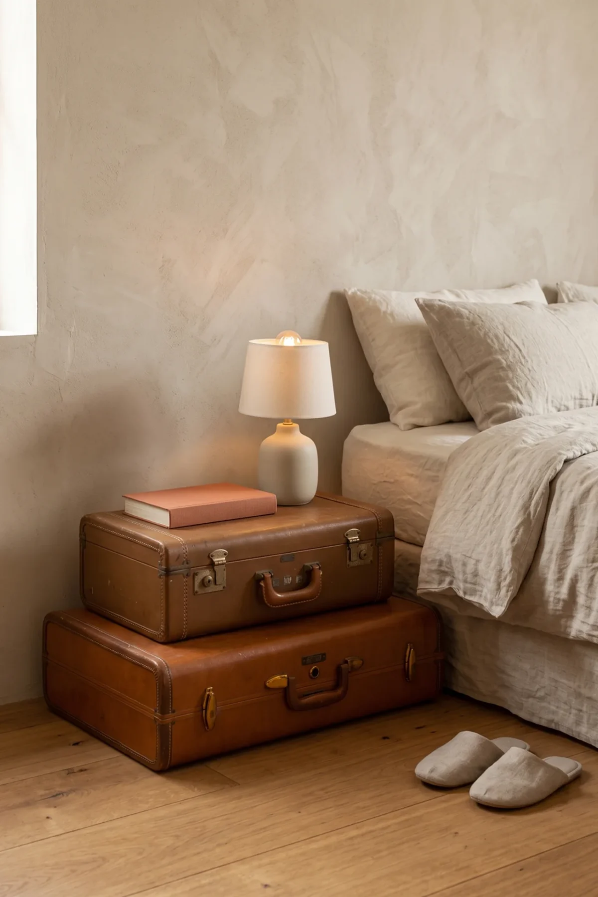 Valises vintage superposées comme table de nuit