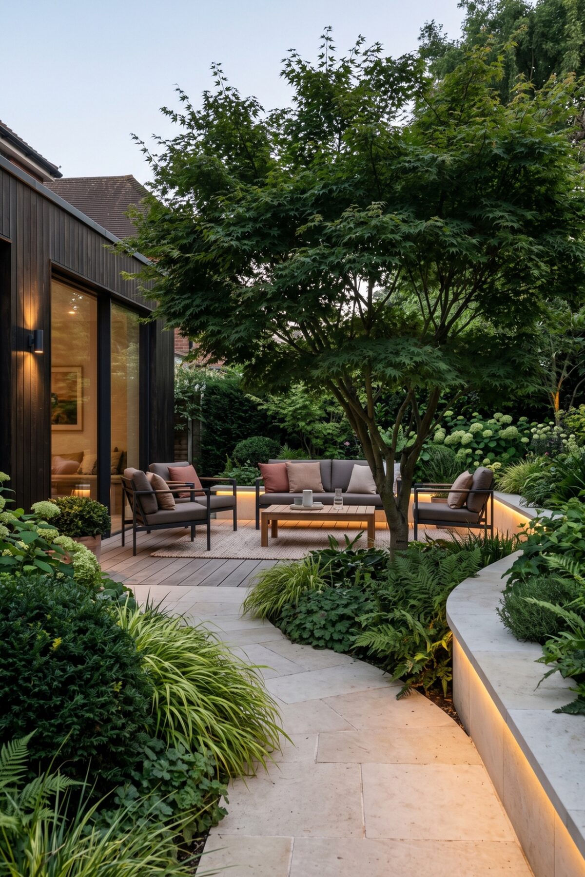Végétaux de jardin et éclairage extérieur autour d’une terrasse contemporaine