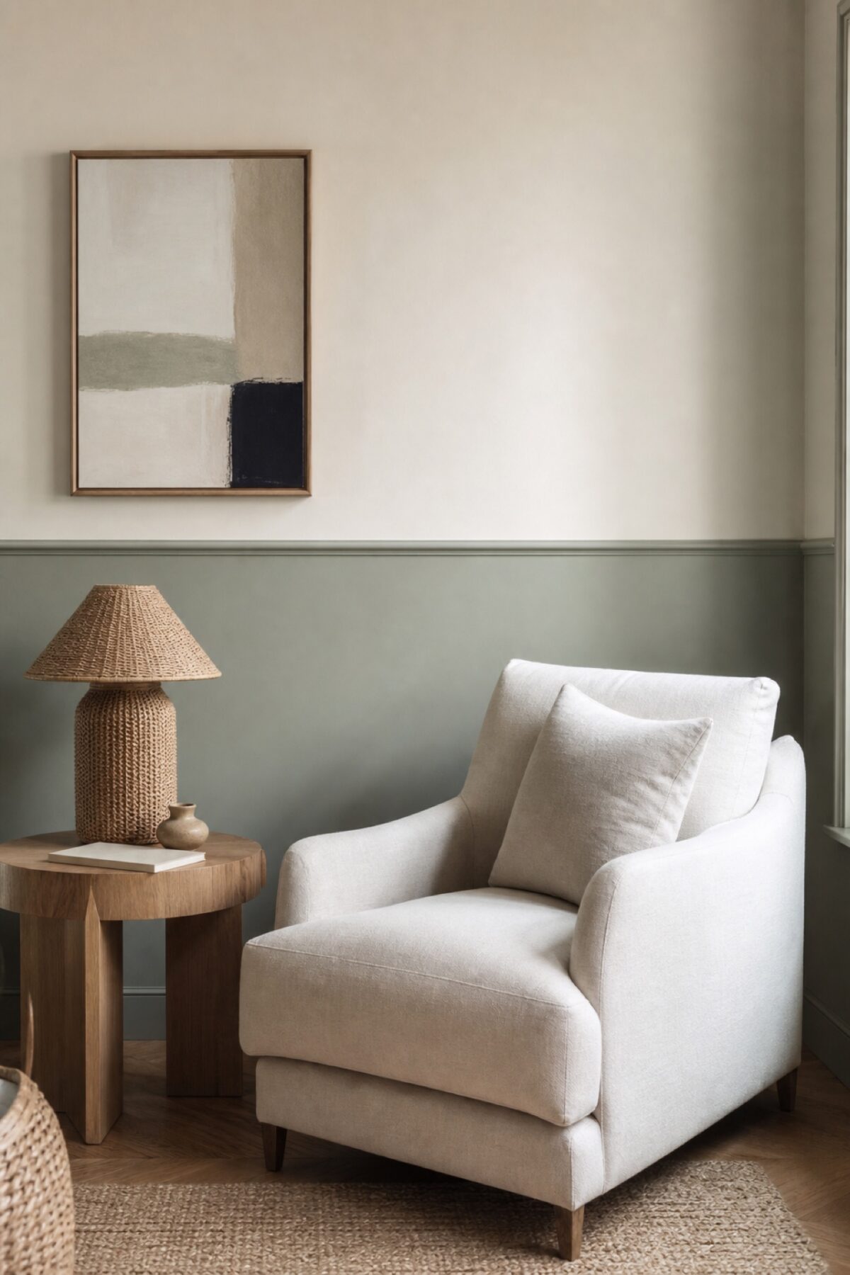 Salon lumineux avec un soubassement vert anis, un fauteuil en lin écru, une table en bois et une lampe en fibres naturelles