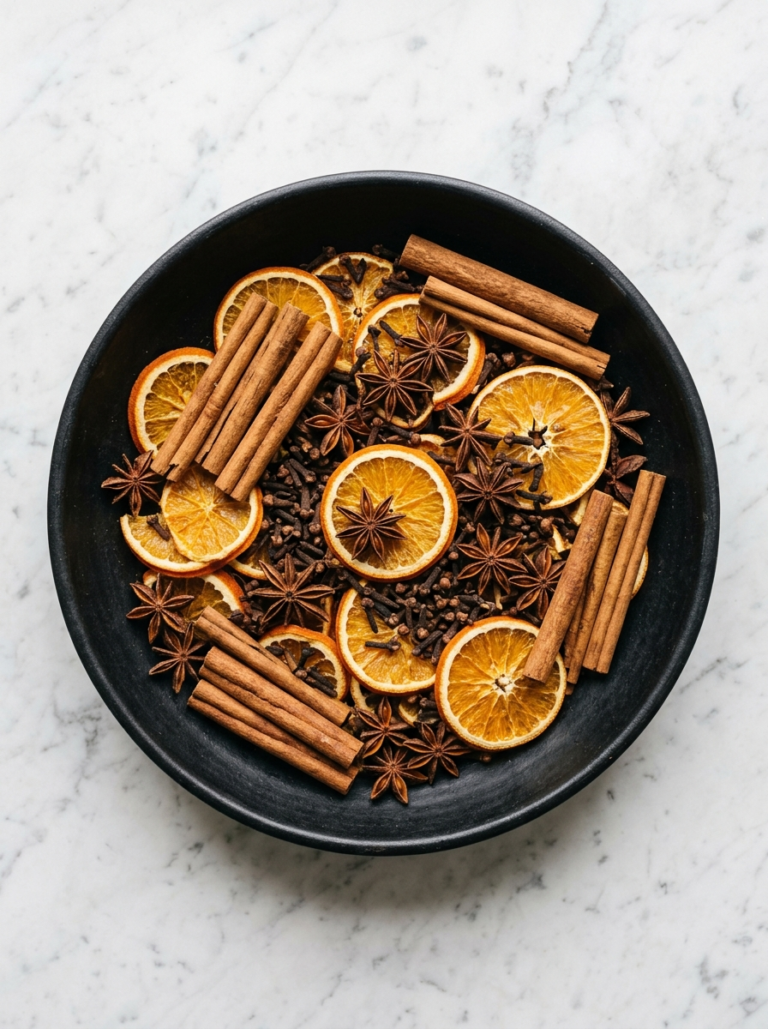 Vue de dessus d'un bol en céramique noire rempli d'ingrédients pour un pot-pourri d'automne : tranches d'orange séchées, bâtons de cannelle et anis étoilé.