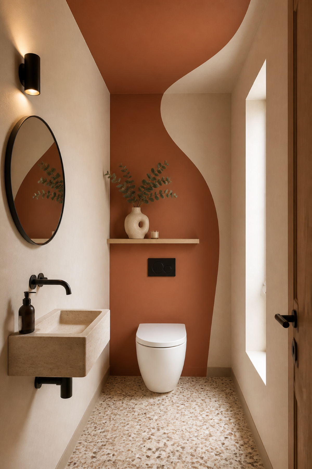 Petites toilettes avec un mur bicolore terracotta et crème peint en arche ondulée jusqu’au plafond