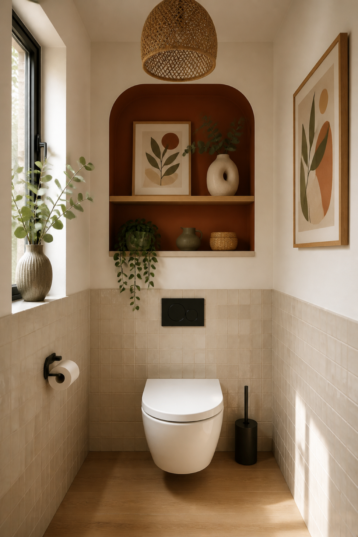 Petites toilettes décorées avec un mur terracotta, des étagères en bois naturel et des plantes