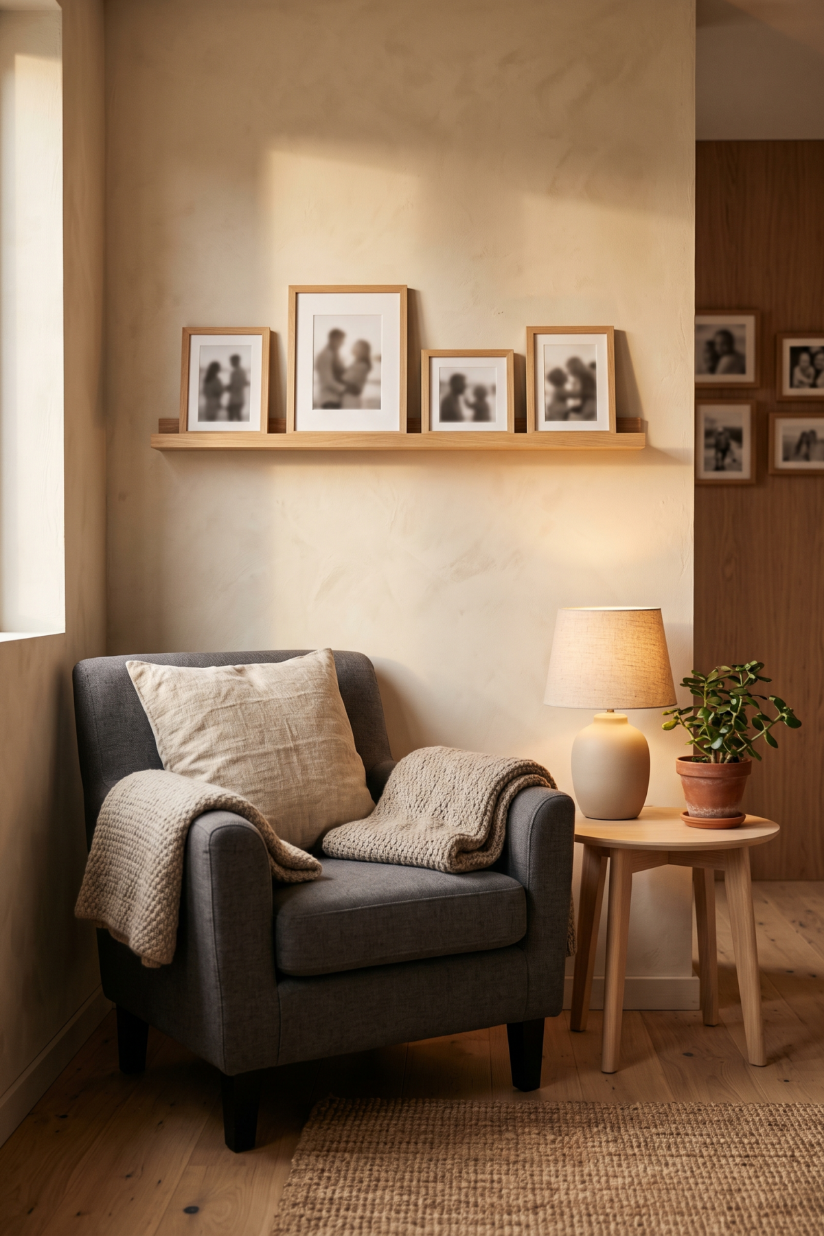 Ambiance hygge avec mur de photos de famille, bois et textiles naturels