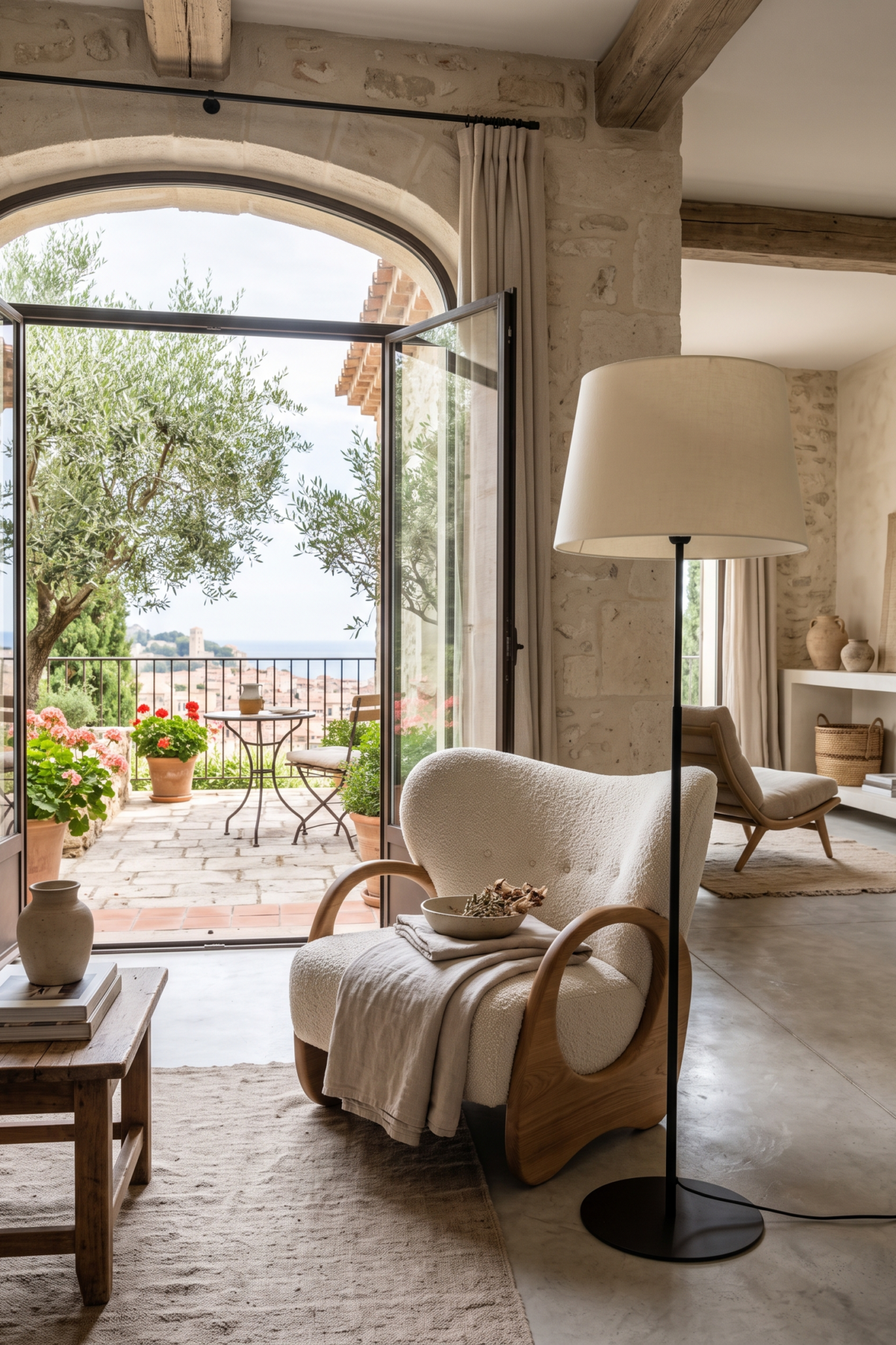Appartement de vacances soigné avec fauteuil sculptural et lampe contemporaine