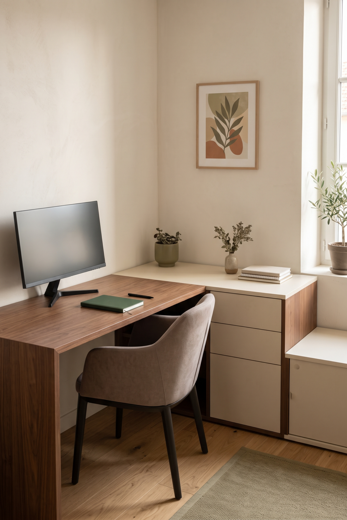 Bureau d’angle en L avec rangements dans un coin de télétravail