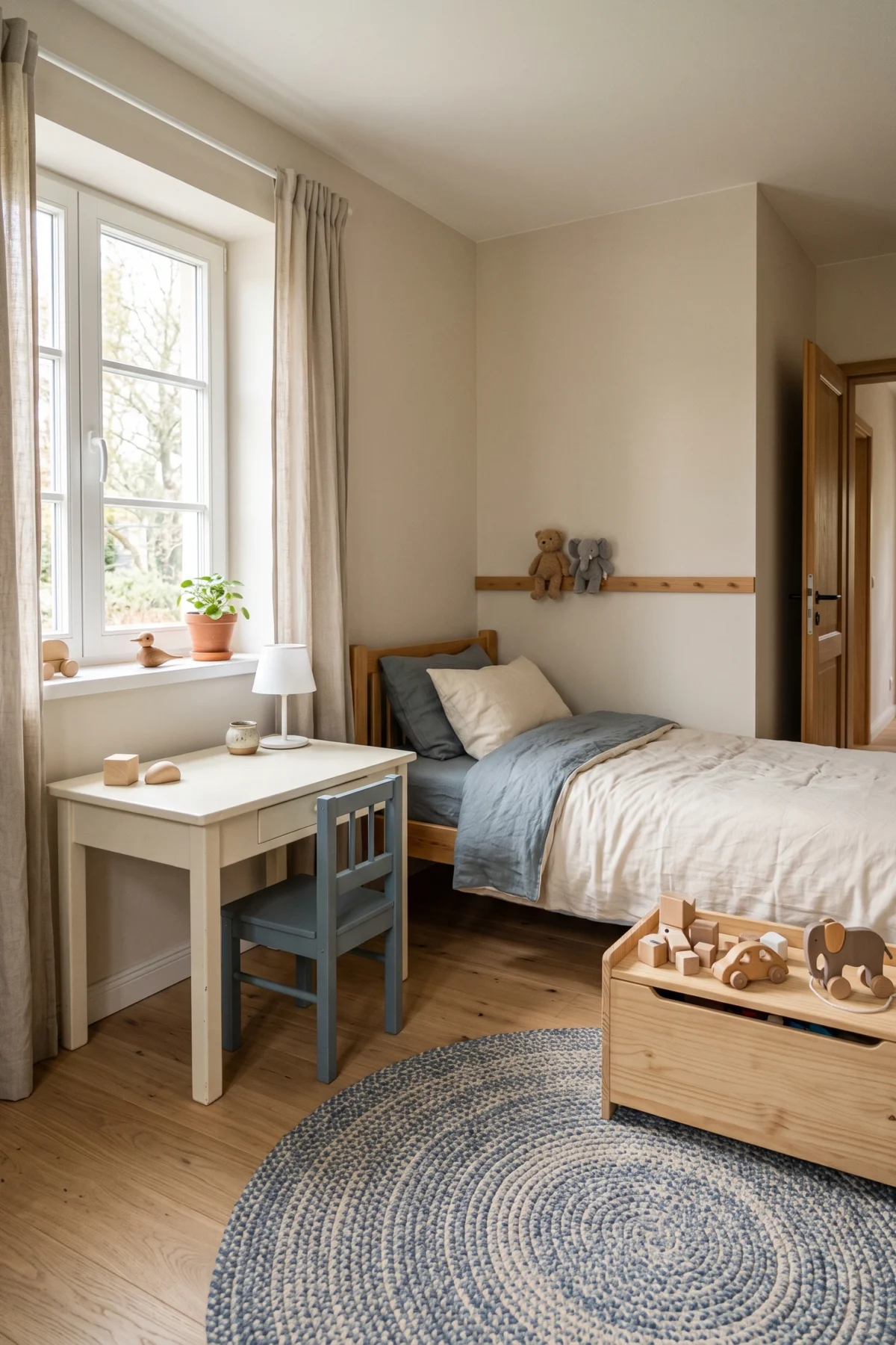 bureau enfant perpendiculaire à la fenêtre dans une chambre lumineuse