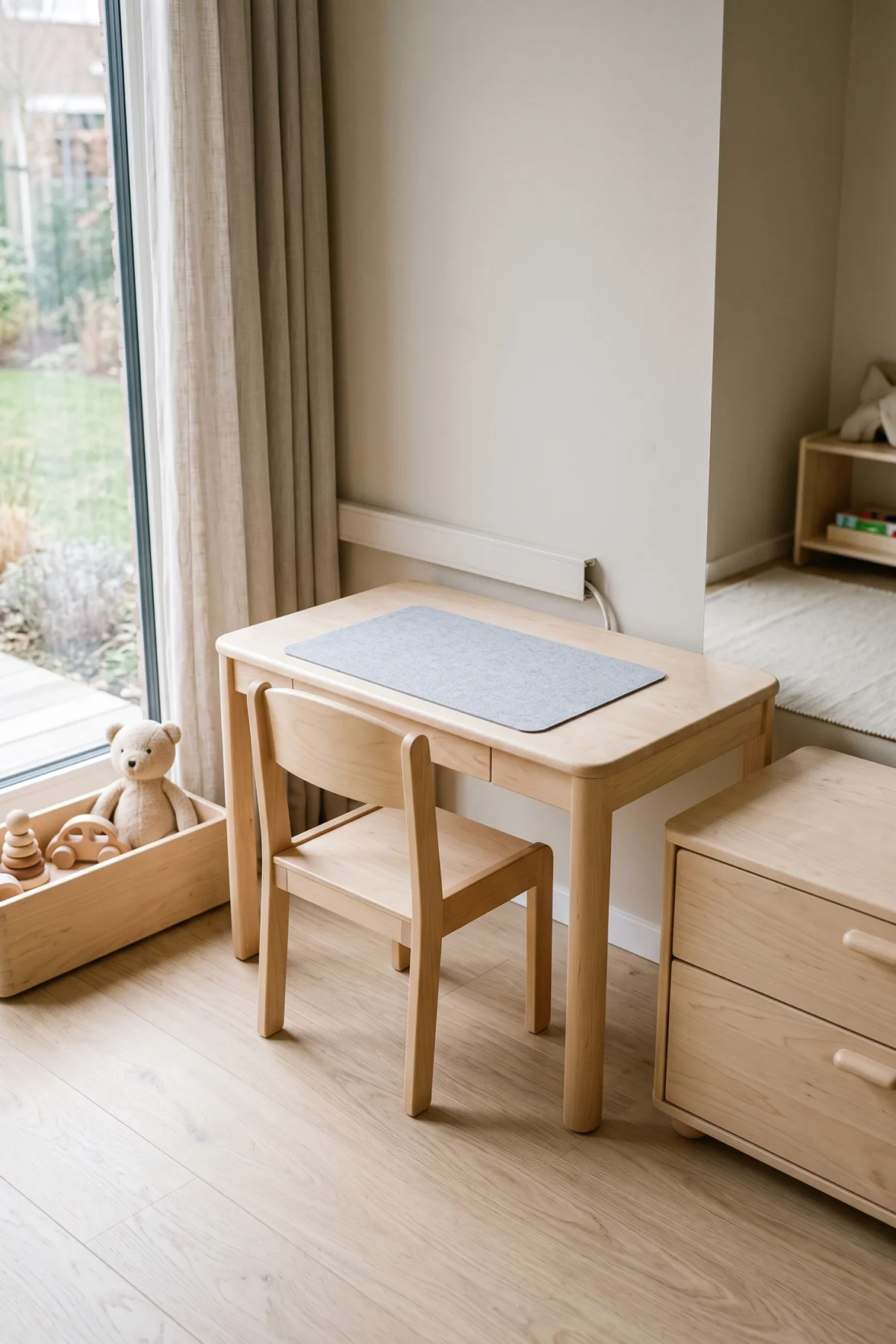bureau enfant sécurisé avec angles arrondis et câbles rangés