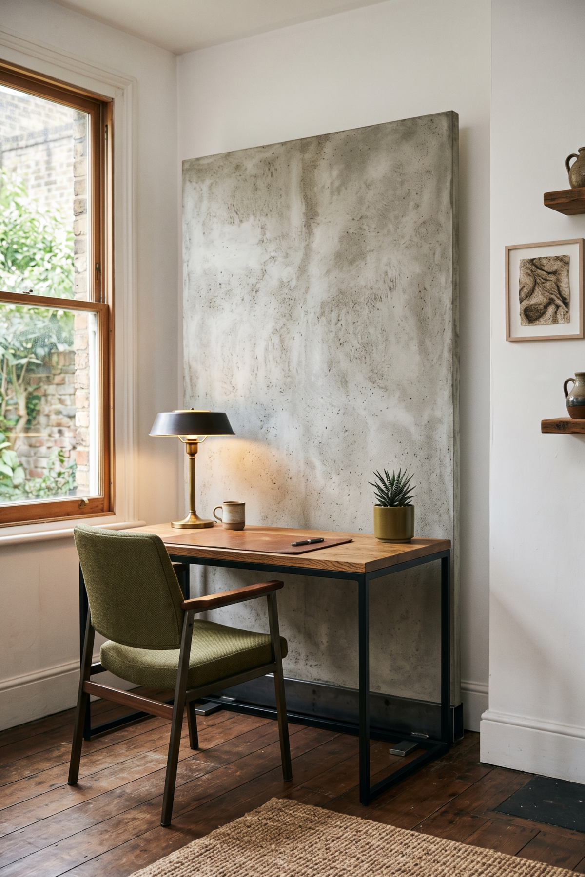 Un bureau de location devant un panneau effet béton posé, avec chaise olive et mobilier autoportant.