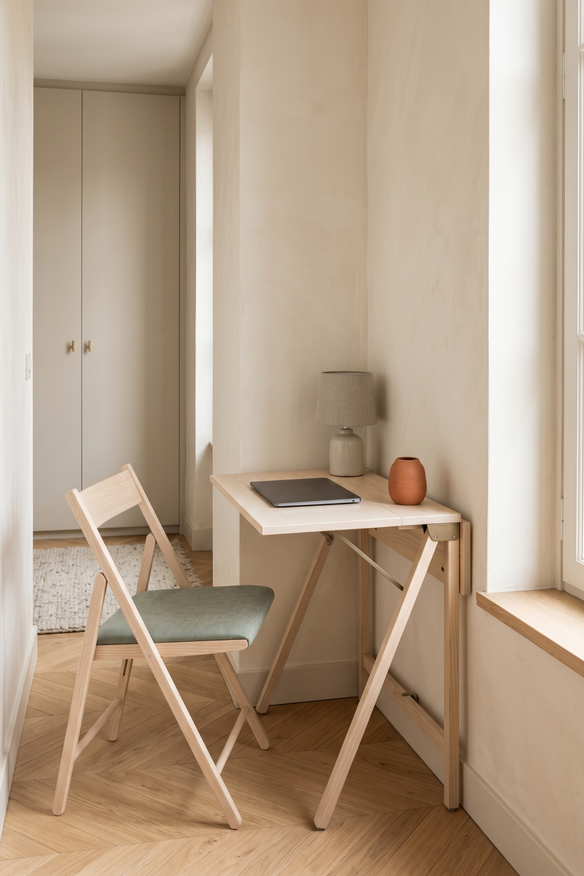 Bureau peu profond et pliable installé dans un angle de petite pièce