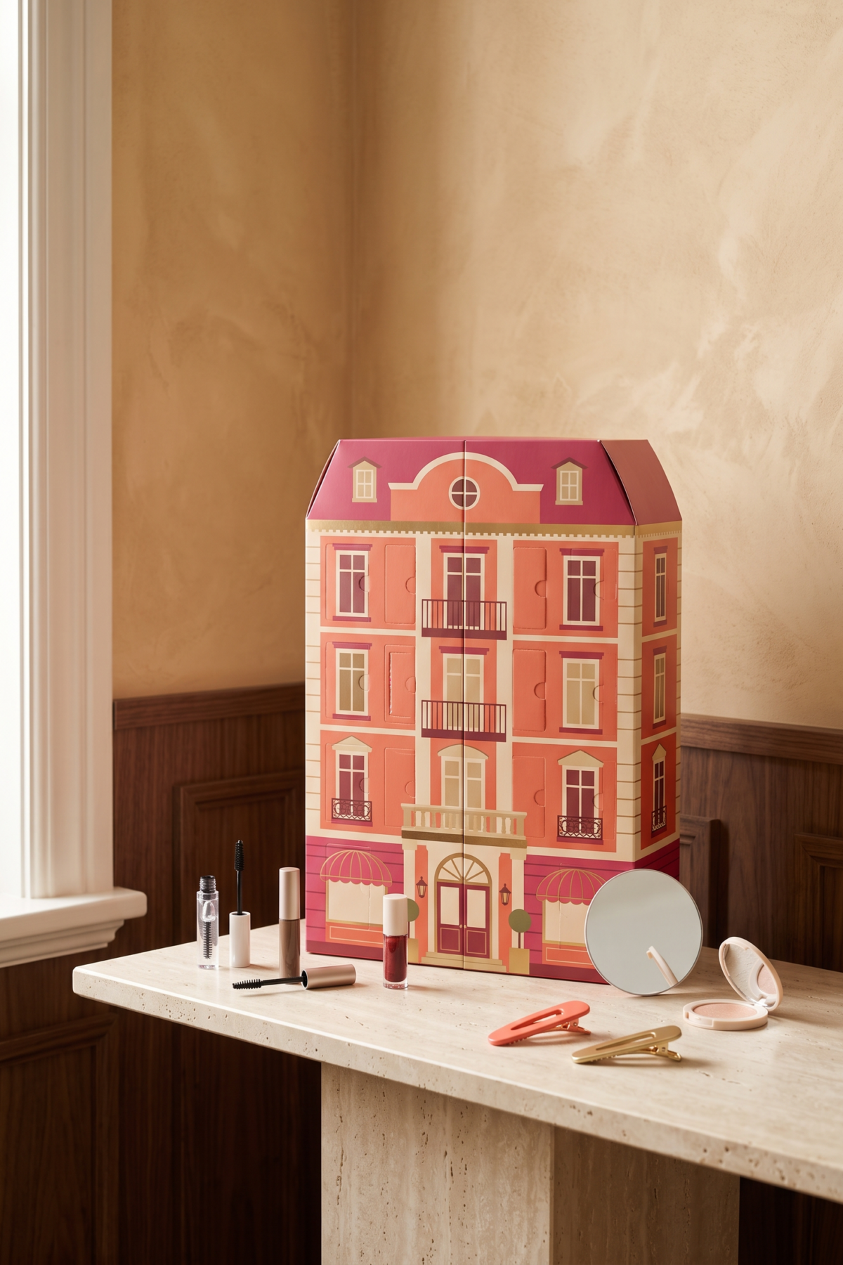 Calendrier de l’Avent Benefit The Hotel Beneville posé sur une console avec quelques accessoires beauté.