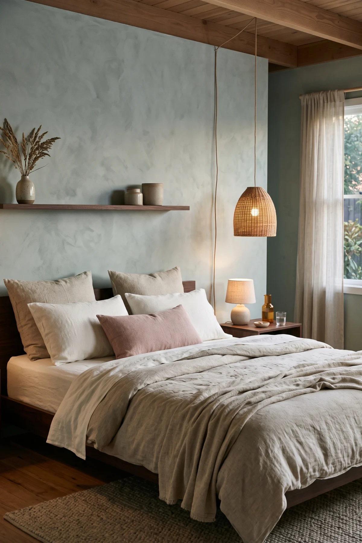 Chambre adulte avec mur céladon linge de lit en lin et bois foncé