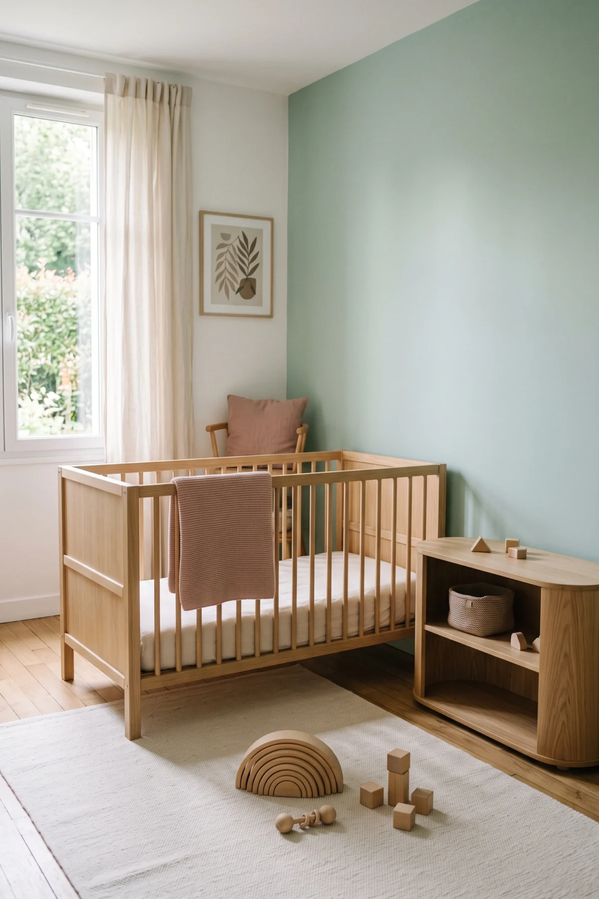 Chambre de bébé couleur mint et rose poudré avec mobilier en bois clair