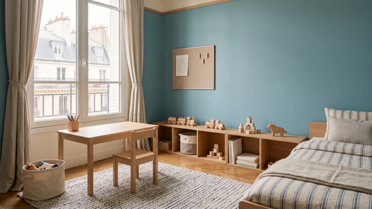 chambre d’enfant avec coin bureau bien aménagé et rangements bas