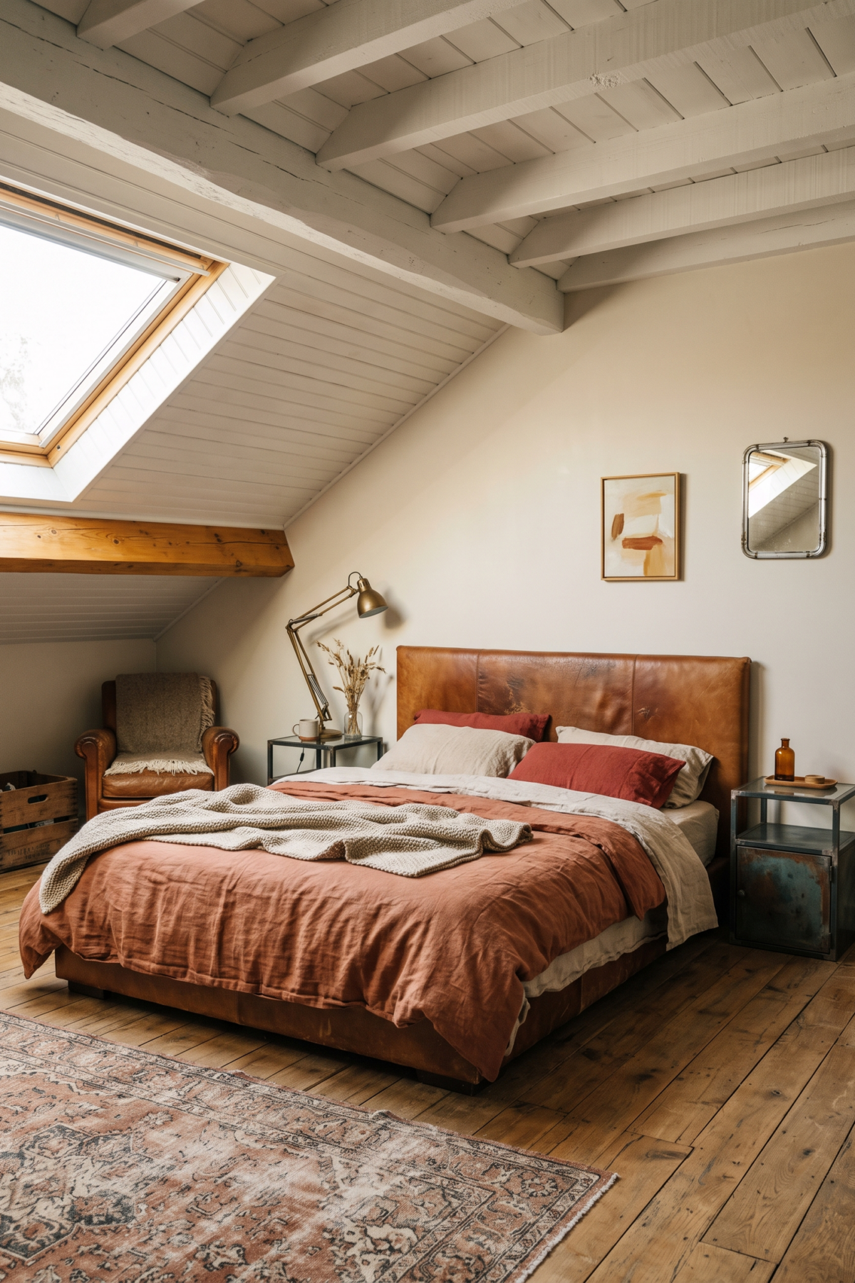 Une chambre mansardée associe cuir cognac, linge de lit terracotta et petites tables en métal.