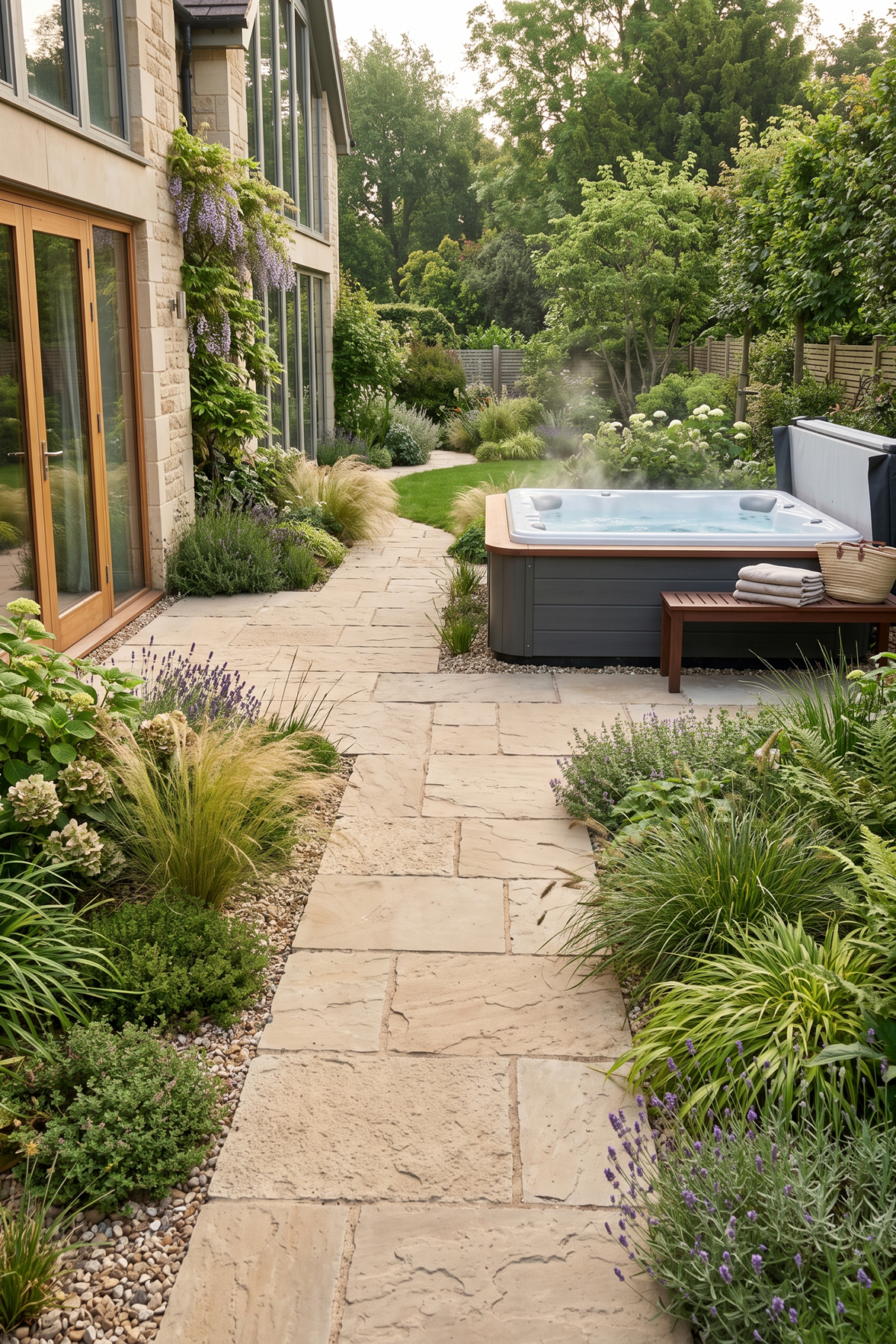 Chemin en dalles texturées entre la maison et un spa dans le jardin