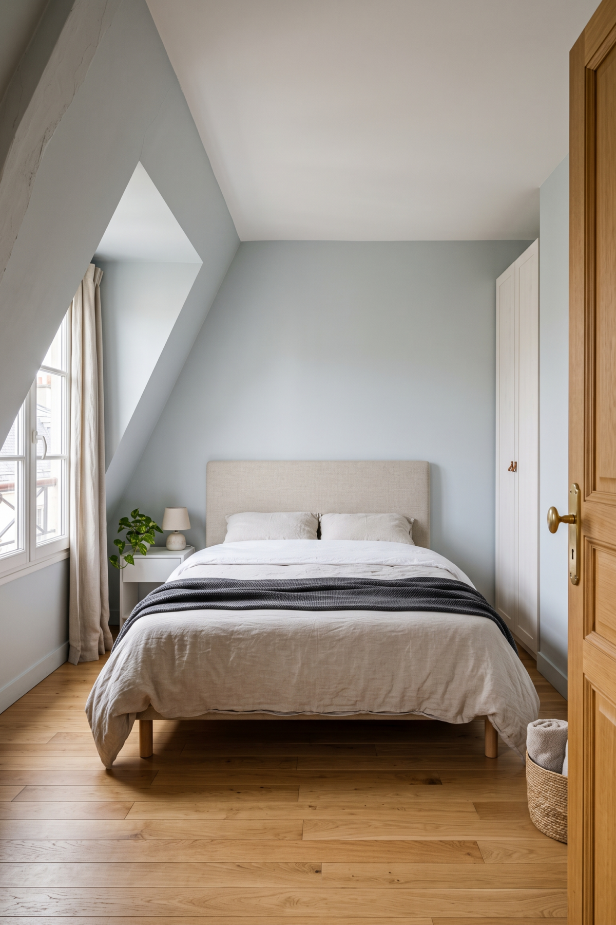 Lit placé dans une petite chambre avec circulation dégagée sur le côté et autour de la tête de lit