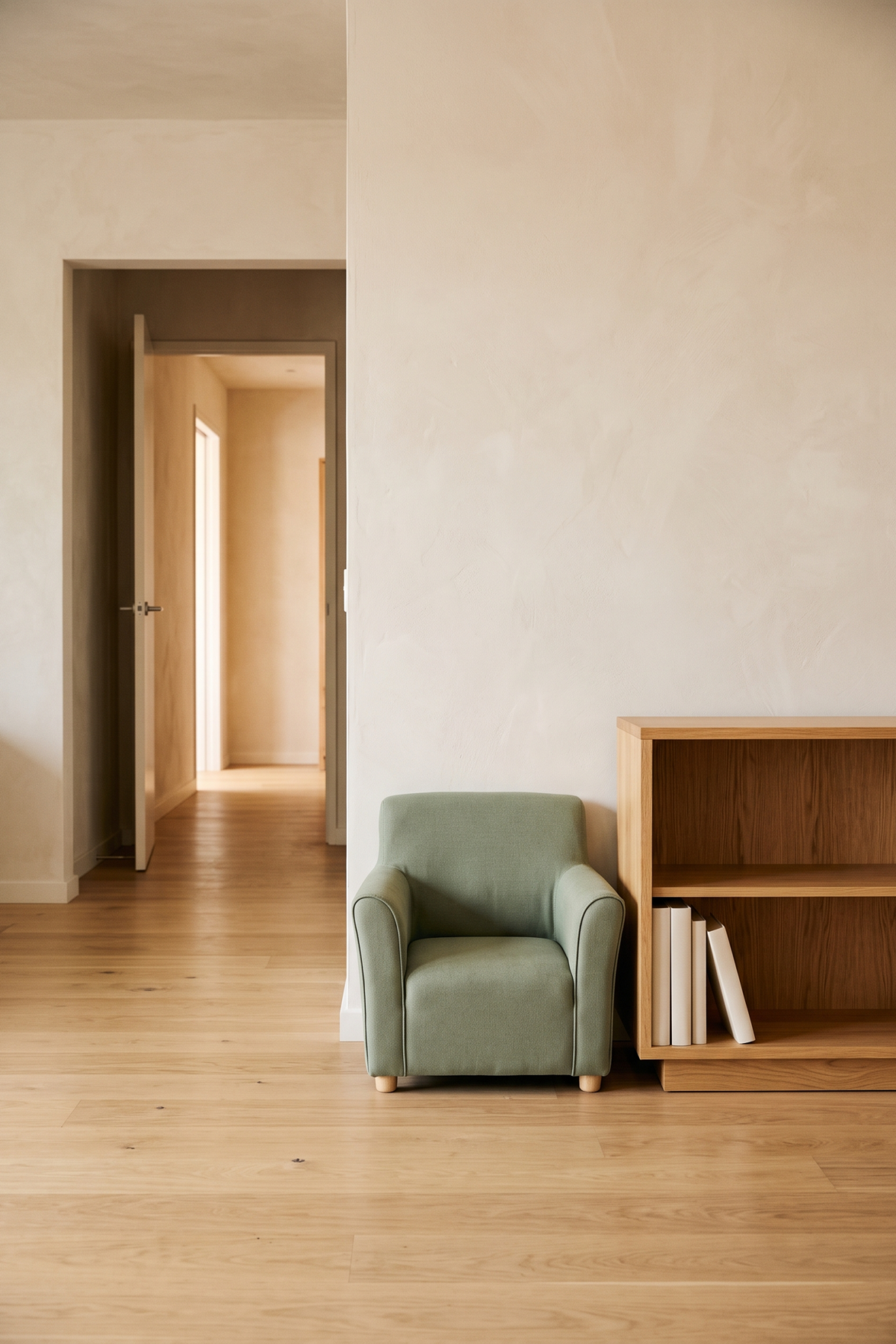Coin lecture avec assise basse et livres rangés en partie basse, près d’un passage dégagé sur parquet