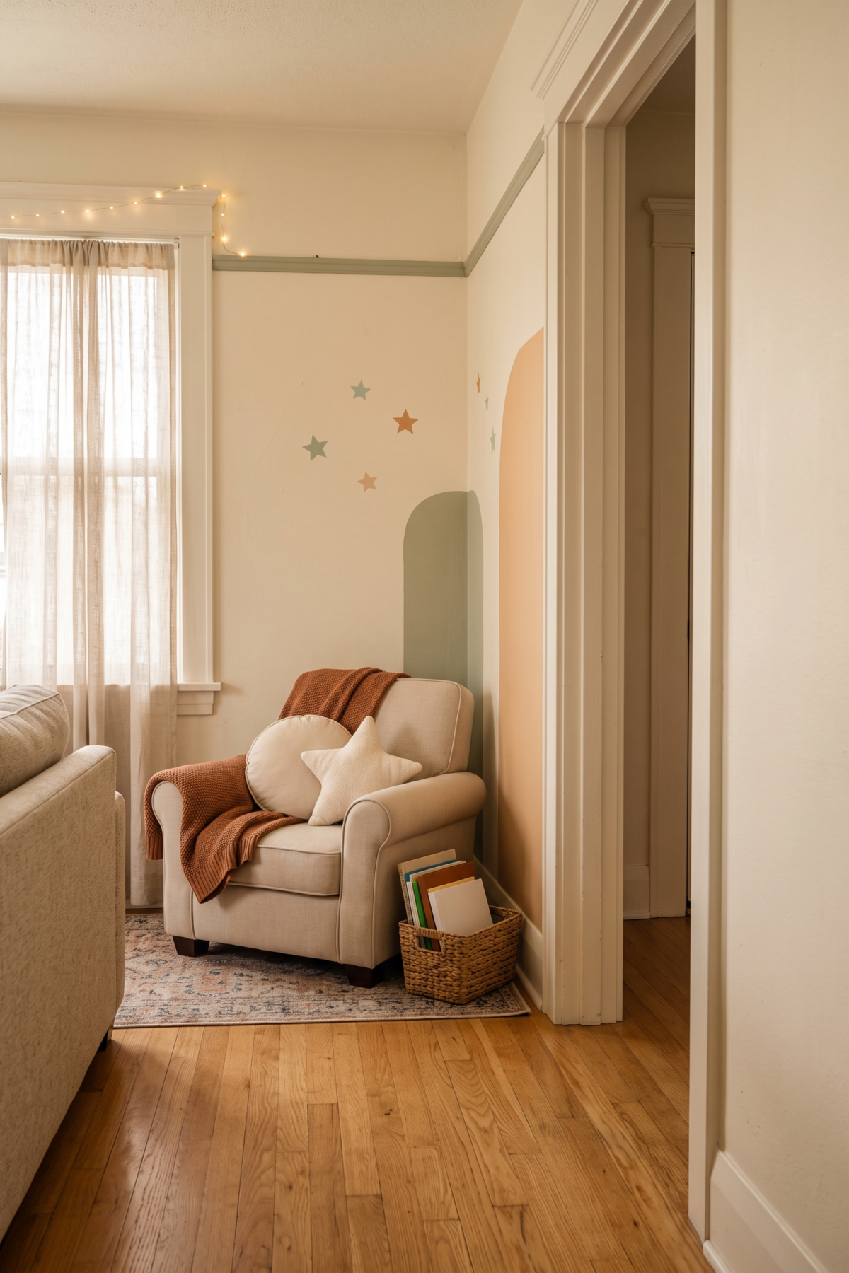 Coin lecture cosy près d’une fenêtre, avec un passage dégagé dans le salon