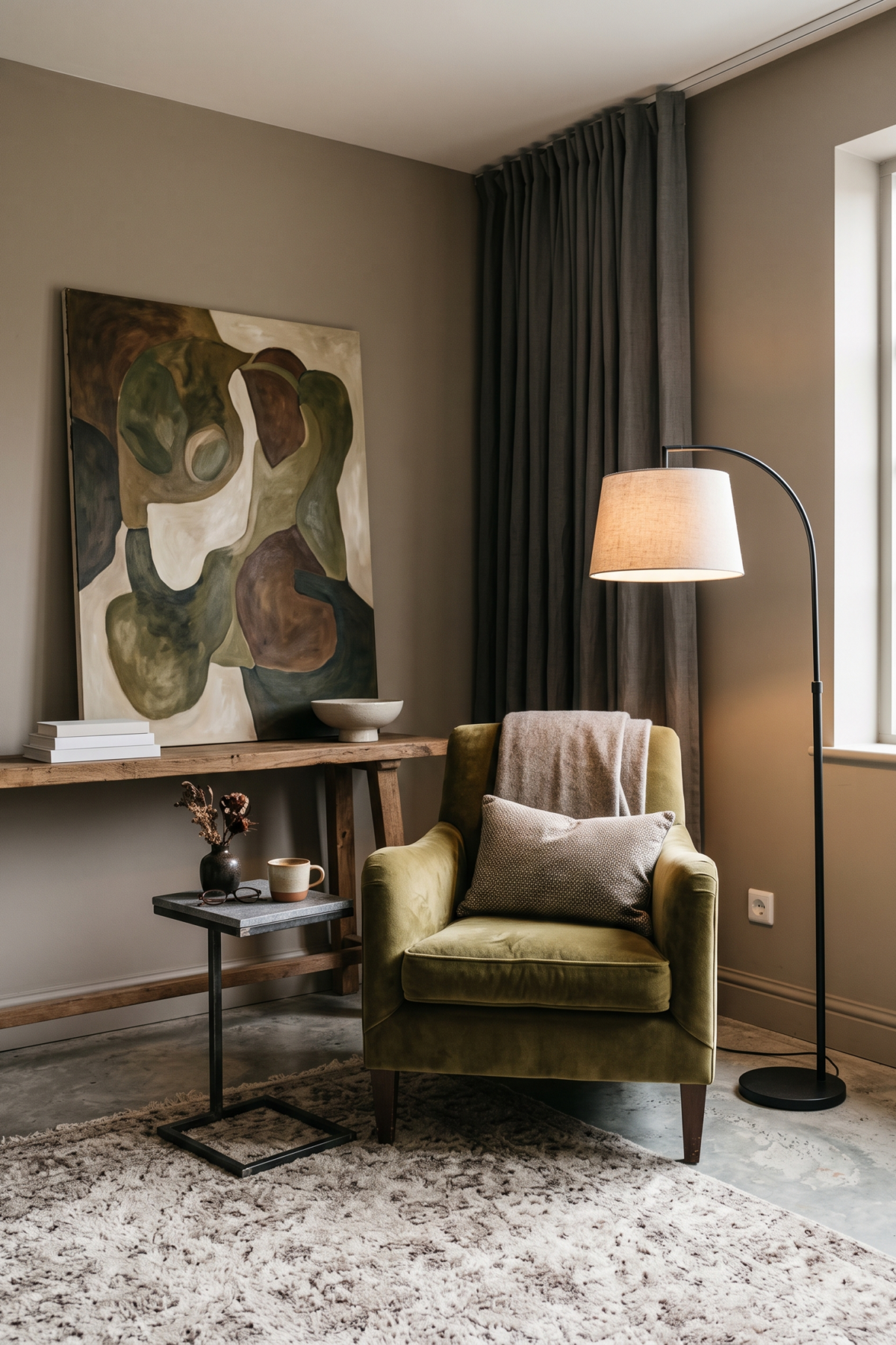 Un coin lecture réversible associe fauteuil olive, tapis, lampe sur pied et tableau posé.