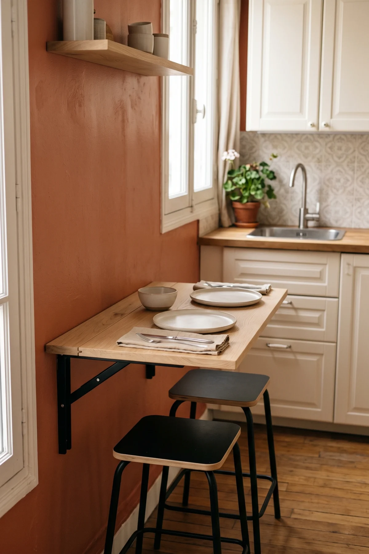 Coin repas compact dans une petite cuisine avec table murale rabattable et tabouret