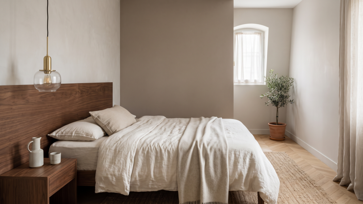 Coin sommeil confortable dans une petite pièce avec lit en lin, tête de lit en bois et lumière naturelle