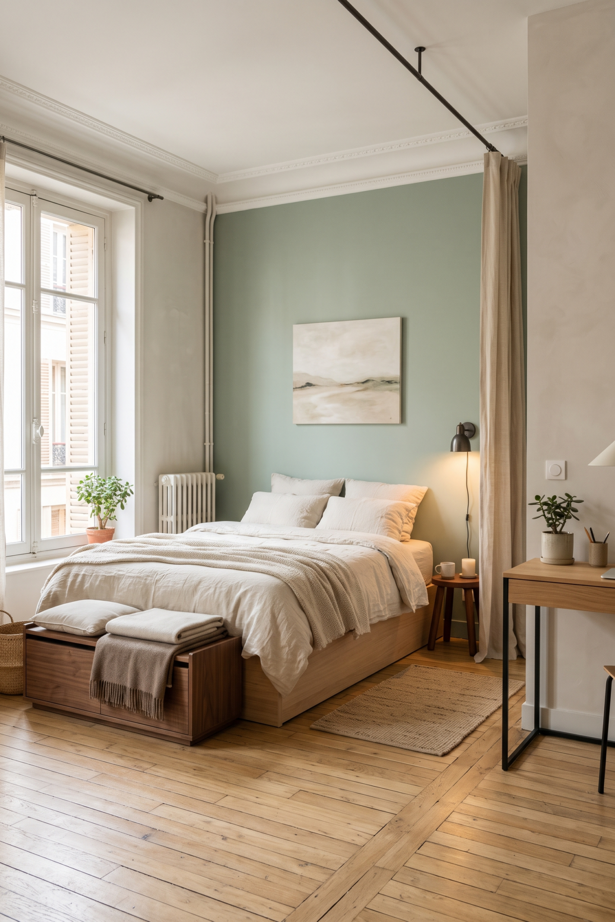 Coin sommeil harmonieux dans une pièce multifonction avec circulation fluide et décoration minimaliste