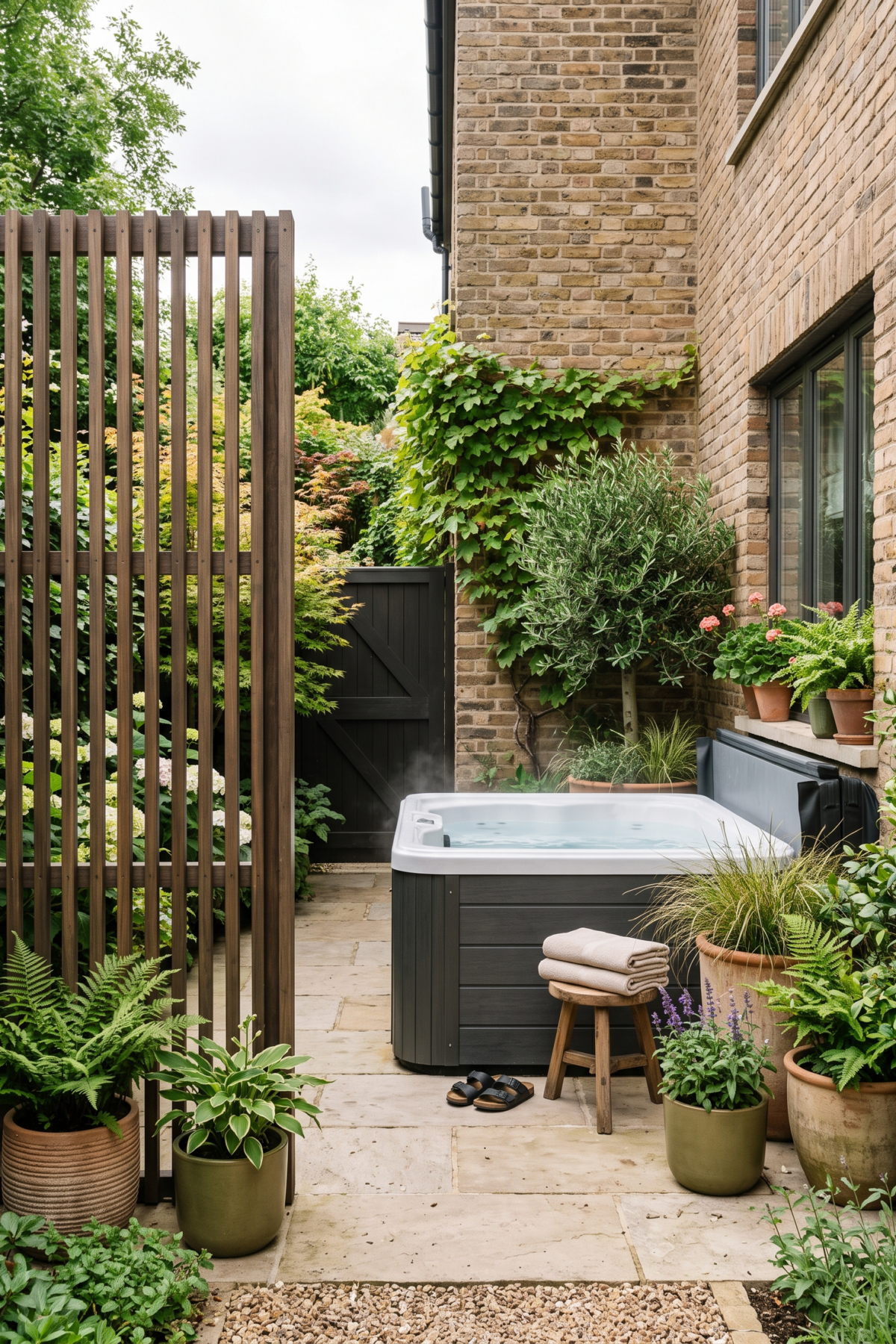 Coin spa dans un petit jardin urbain protégé par un claustra ajouré