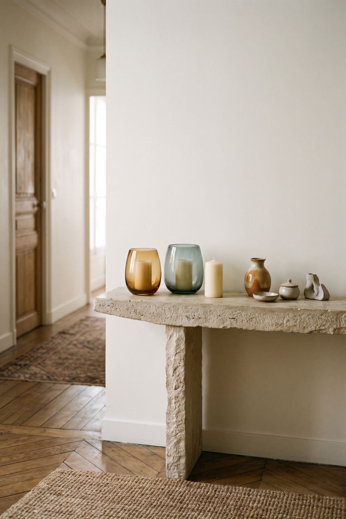Console minimaliste avec bougies, céramique et petits objets déco
