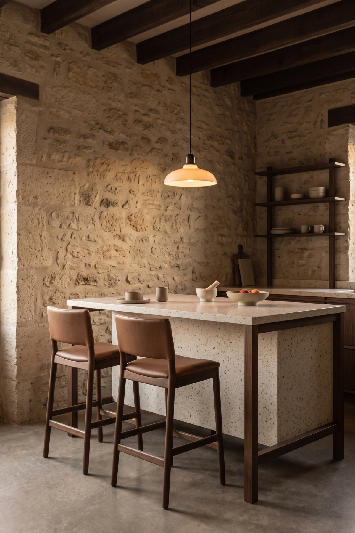 Cuisine d’atelier en pierre avec îlot clair et tabourets en cuir
