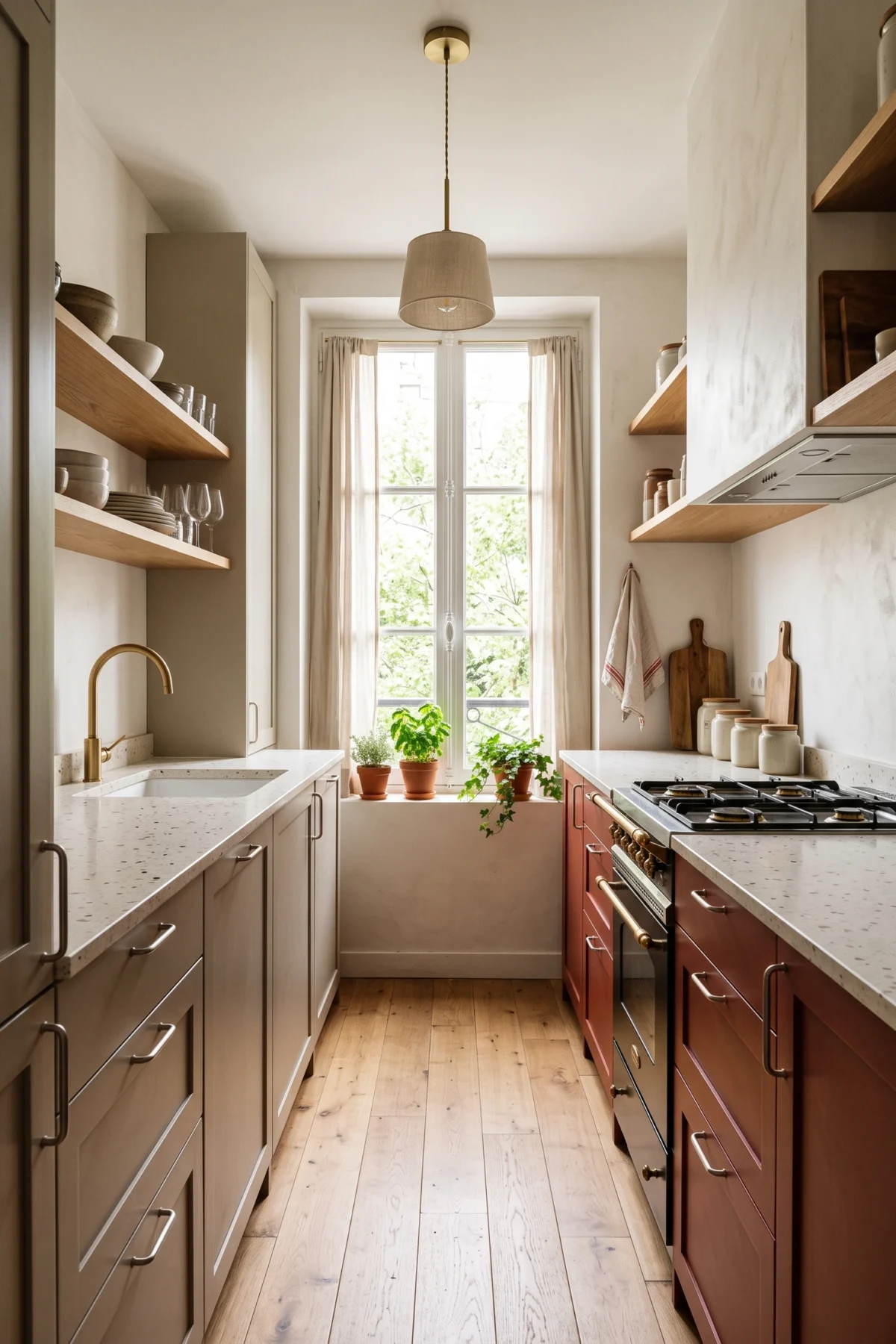 Cuisine en couloir avec deux rangées de meubles parallèles
