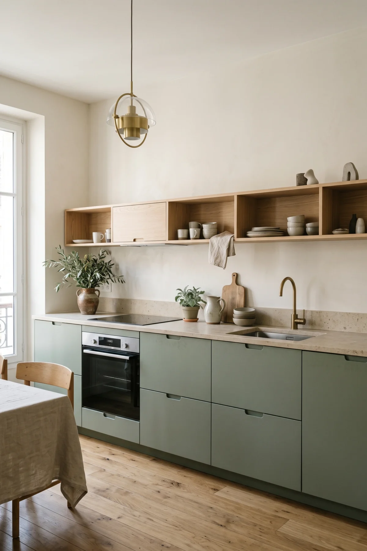 Cuisine en I avec meubles vert sauge et plan de travail en bois