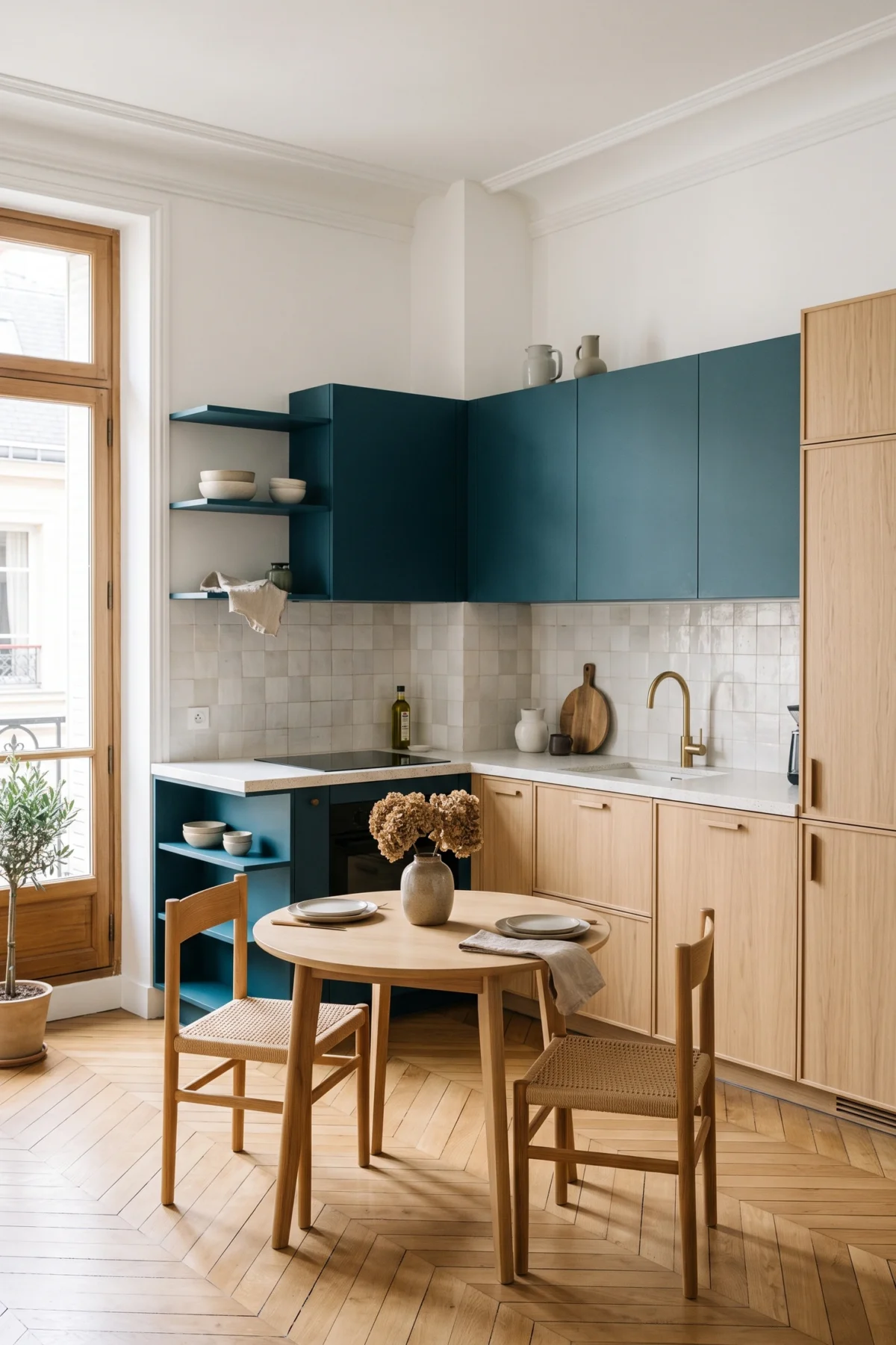 Cuisine en L avec meubles bleu profond et bois clair