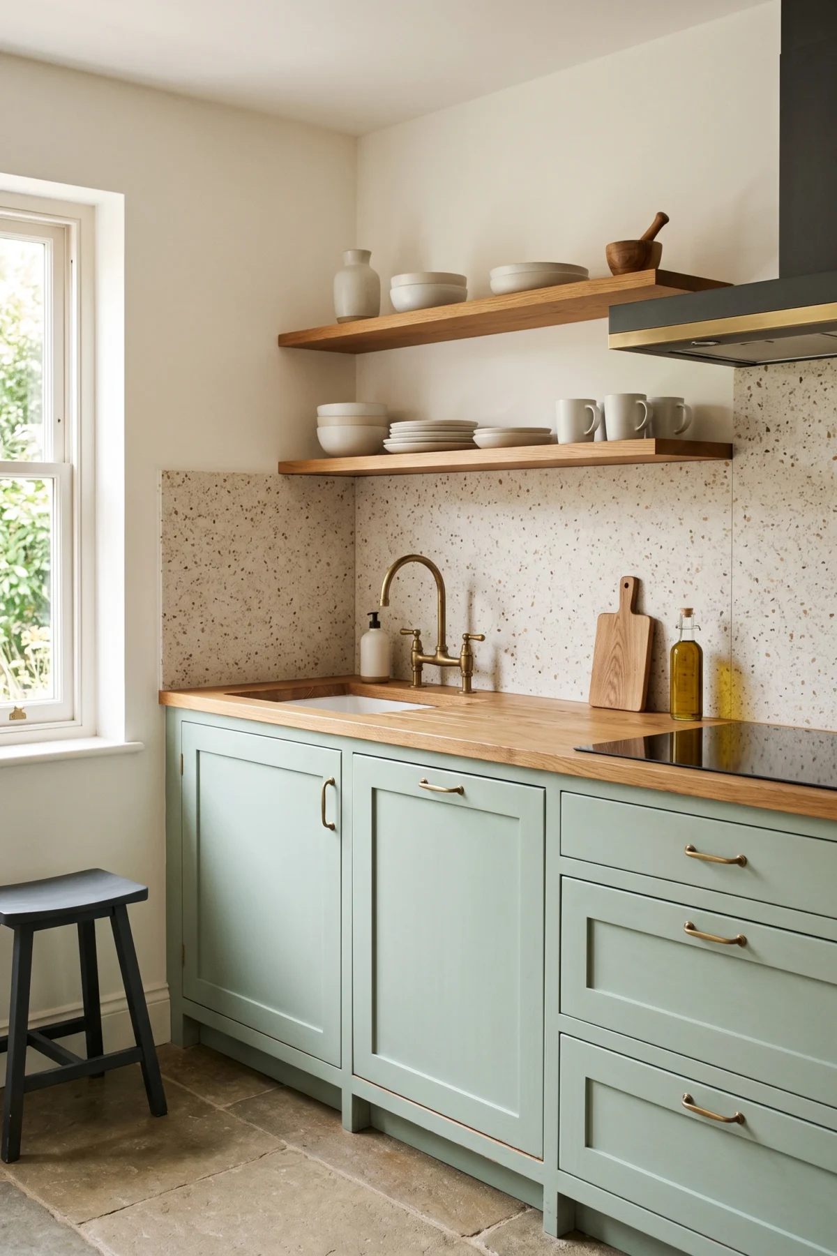 Cuisine aux façades mint avec bois clair terrazzo et détails noirs