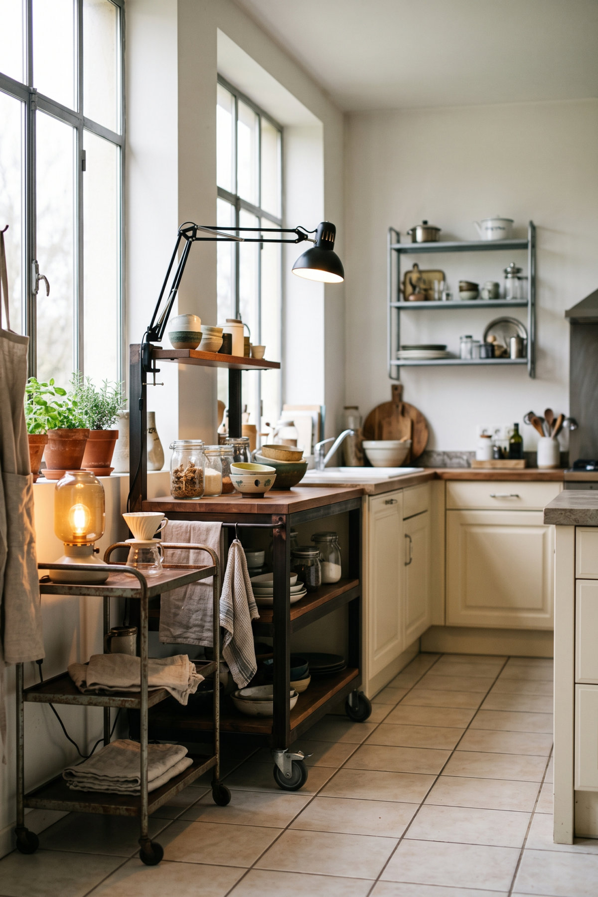 Une cuisine claire utilise une lampe à pince et une lampe posée sur une desserte en métal.