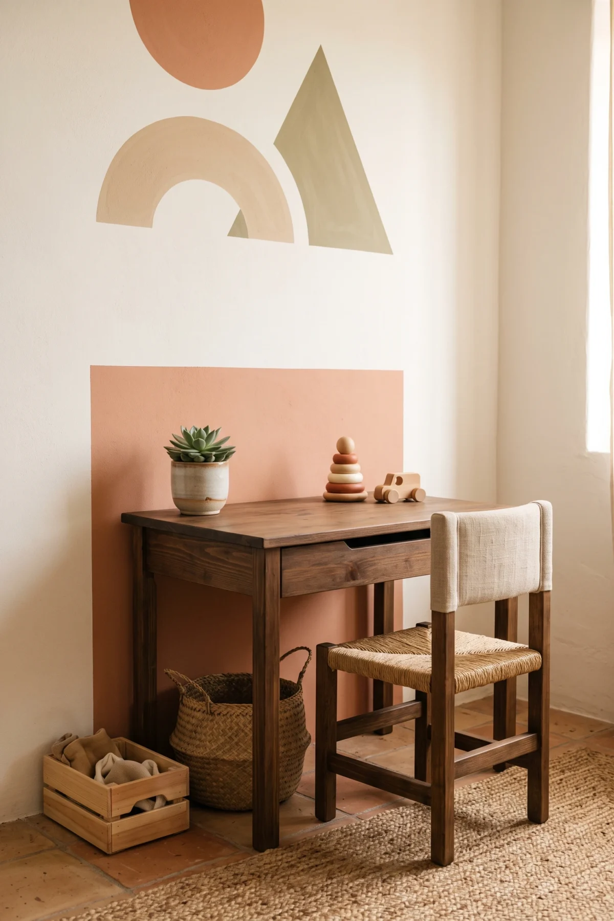 décoration d’un coin bureau dans une chambre d’enfant avec mur coloré