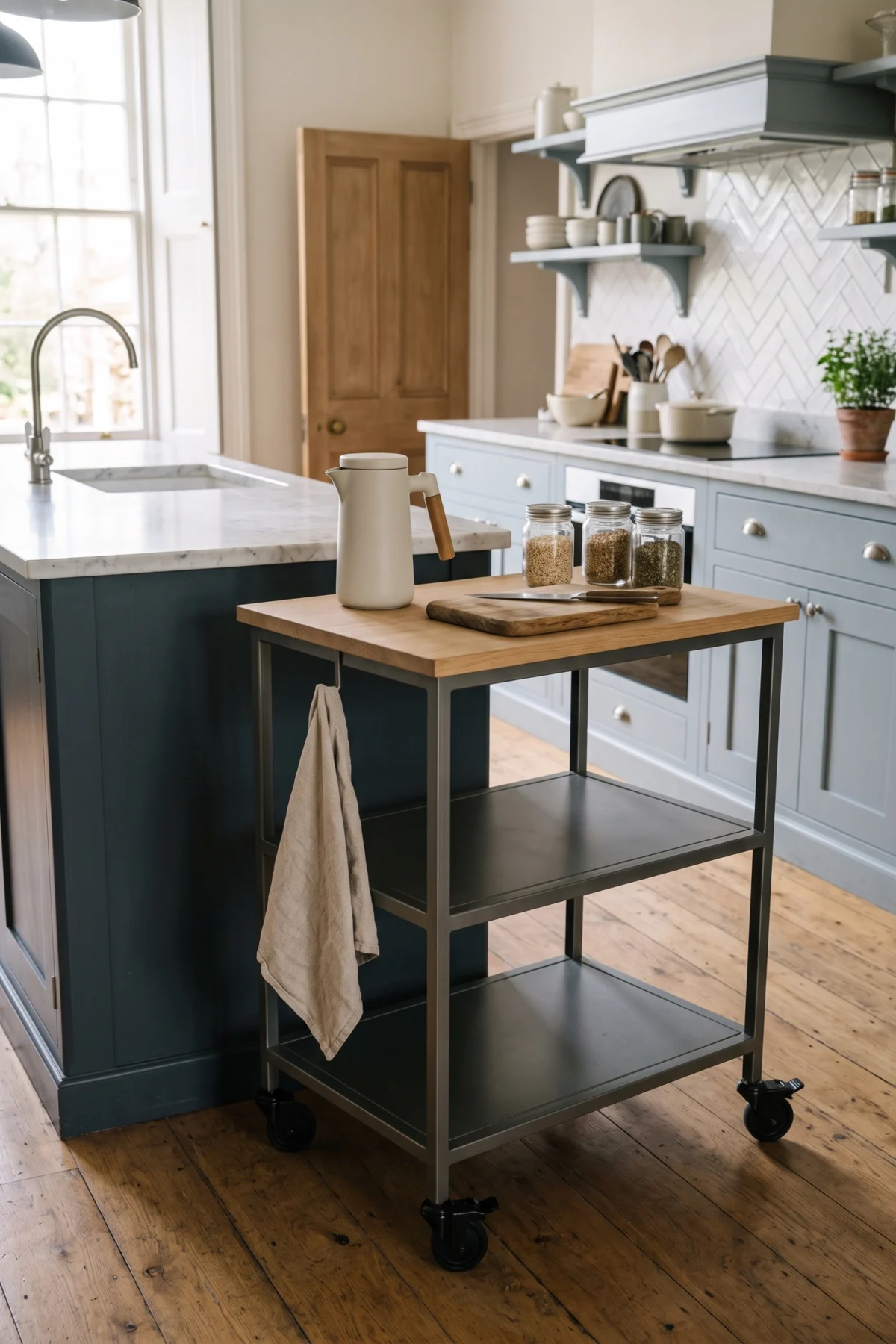 Desserte mobile de cuisine en bois et métal avec roulettes et étagères de rangement