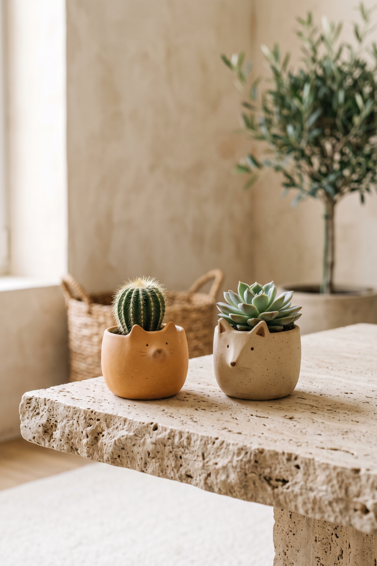 Deux mini pots chat et renard avec cactus sur une étagère minérale