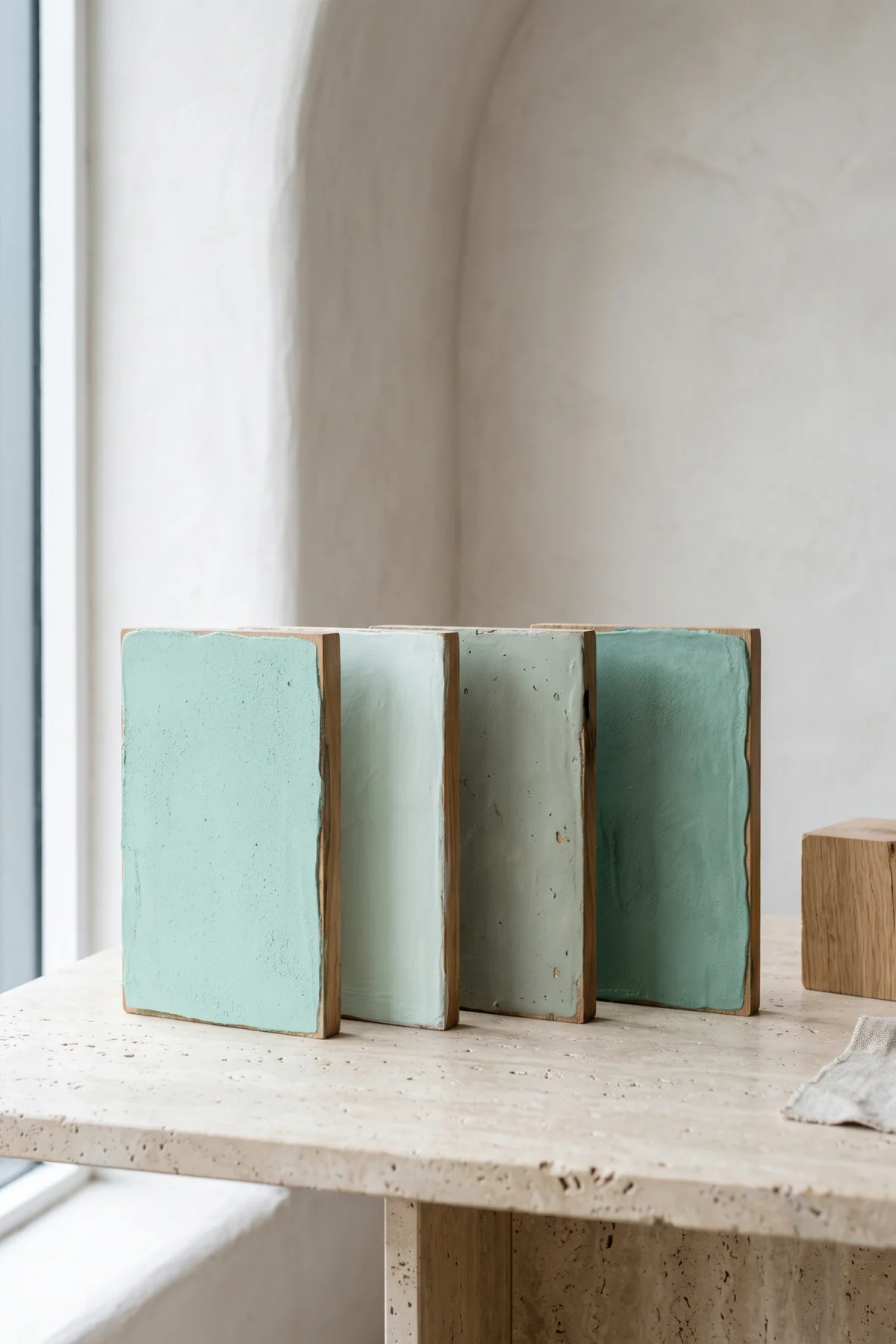 Quatre échantillons de verts doux pour comparer mint menthe à l’eau céladon et vert d’eau