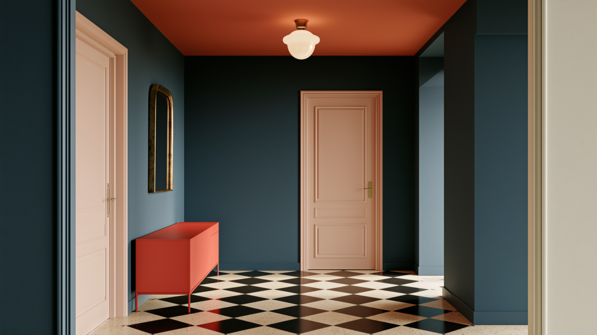 Entrée colorée bleu pétrole avec plafond terracotta et plafonnier opalin