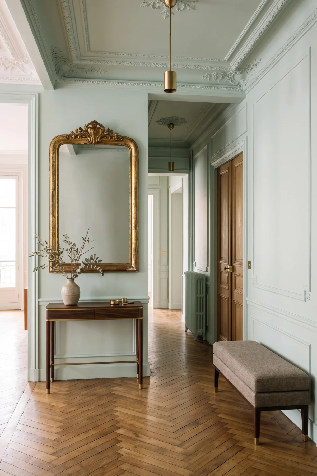 Entrée haussmannienne couleur mint avec banc taupe et moulures anciennes